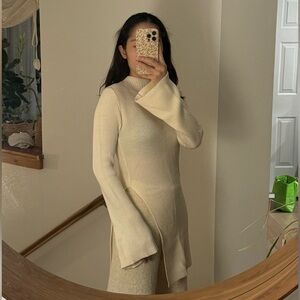 New! 100% wool creamy white wide-sleeves split sweater